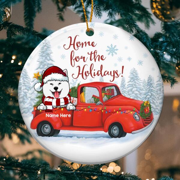 Home For The Holidays Red Truck Circle Ceramic Ornament - Personalized Dog Lovers Decorative Christmas Ornament