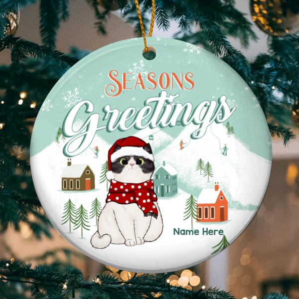 Personalised Season Greetings White Mint Circle Ceramic Ornament - Personalized Cat Lovers Decorative Christmas Ornament