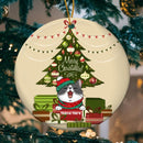 Personalised Merry Xmas Cat On Gift Box Circle Ceramic Ornament - Personalized Cat Lovers Decorative Christmas Ornament