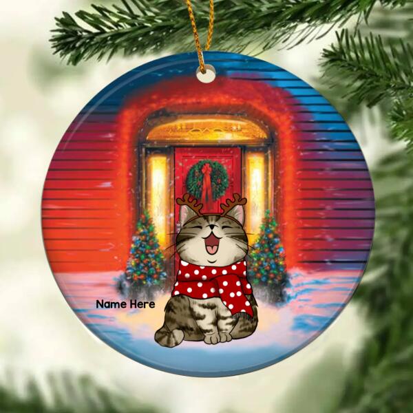 Personalised Wooden Wall Amber Led Light Circle Ceramic Ornament - Personalized Cat Lovers Decorative Christmas Ornament