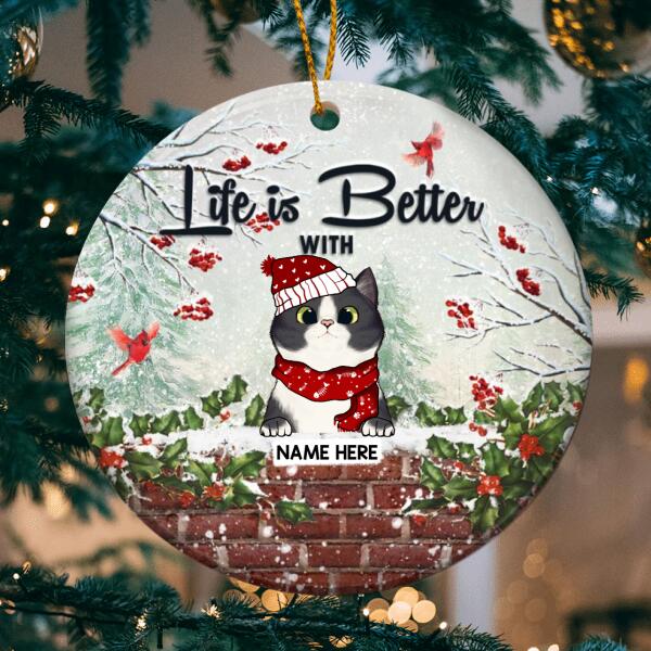 Life Is Better With Cats Red Berries Circle Ceramic Ornament - Personalized Cat Lovers Decorative Christmas Ornament
