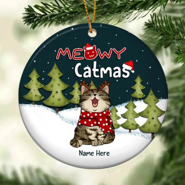 Personalised Meowy Catmas Dark Green Circle Ceramic Ornament - Personalized Cat Lovers Decorative Christmas Ornament