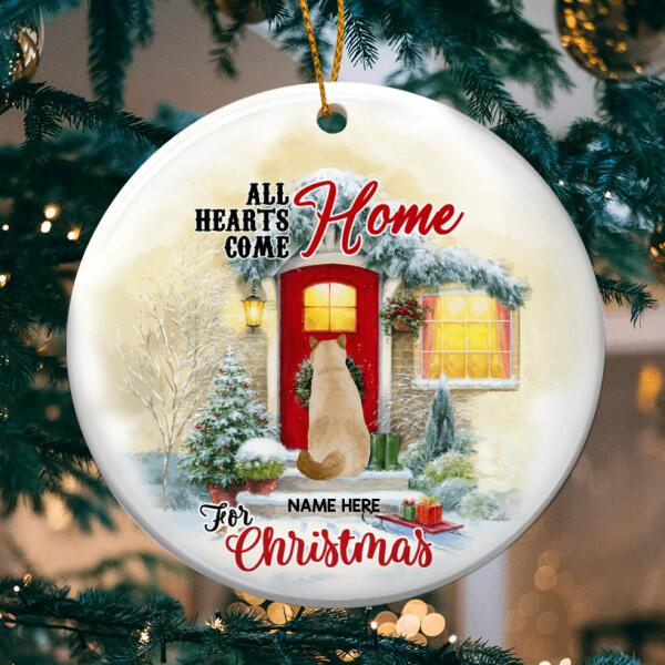 All Hearts Come Home For Xmas Cat Back Circle Ceramic Ornament - Personalized Cat Lovers Decorative Christmas Ornament