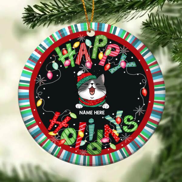 Happy Holidays Colorful Stripes Around Circle Ceramic Ornament - Personalized Cat Lovers Decorative Christmas Ornament