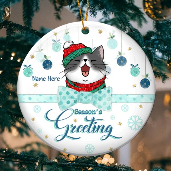 Personalised Season's Greeting Mint Bow Circle Ceramic Ornament - Personalized Cat Lovers Decorative Christmas Ornament