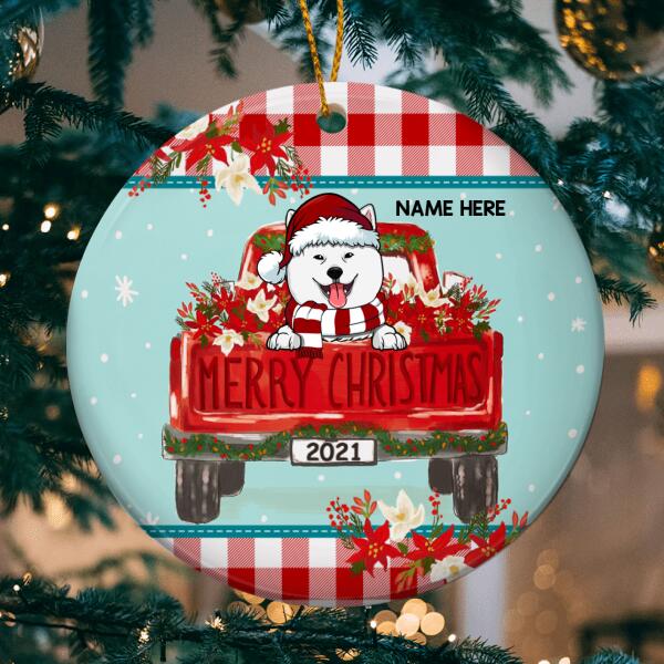 Merry Xmas Red Plaid Top & Bottom Circle Ceramic Ornament - Personalized Dog Lovers Decorative Christmas Ornament