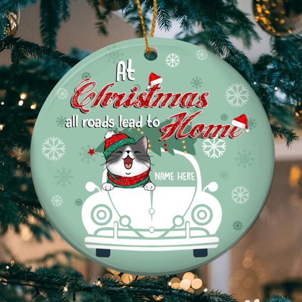At Christmas All Road Lead To Home Mint Circle Ceramic Ornament - Personalized Cat Lovers Decorative Christmas Ornament
