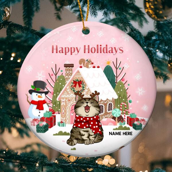 Happy Holidays Candy House Pink Circle Ceramic Ornament - Personalized Cat Lovers Decorative Christmas Ornament