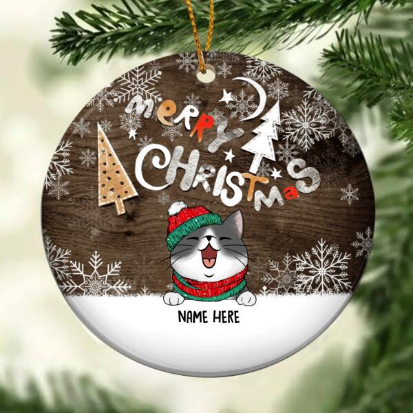 Personalised Merry Xmas Brown Wooden Circle Ceramic Ornament - Personalized Cat Lovers Decorative Christmas Ornament