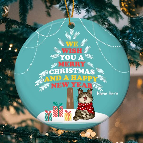 Wish You A Merry Xmas And Happy New Year Circle Ceramic Ornament - Personalized Cat Lovers Decorative Christmas Ornament