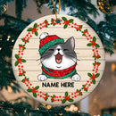 Personalised Cats On Pale Wooden Circle Ceramic Ornament - Personalized Cat Lovers Decorative Christmas Ornament