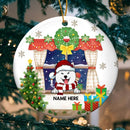 Xmas Dogs Peeking From Window Circle Ceramic Ornament - Personalized Dog Lovers Decorative Christmas Ornament