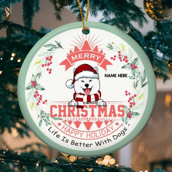 Merry Xmas Happy Holiday Mint Around Circle Ceramic Ornament - Personalized Dog Lovers Decorative Christmas Ornament