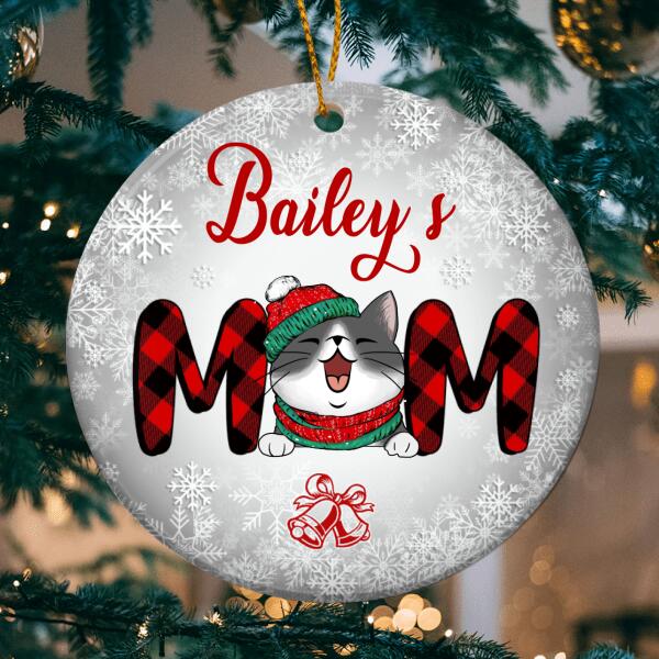 Cat's Mom Silver Snowflake Circle Ceramic Ornament - Personalized Cat Lovers Decorative Christmas Ornament