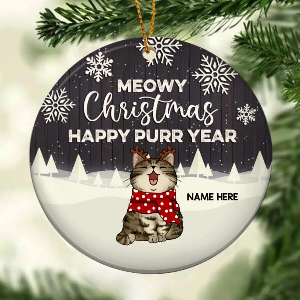 Happy Purr Year Dark Grey Wooden Circle Ceramic Ornament - Personalized Cat Lovers Decorative Christmas Ornament