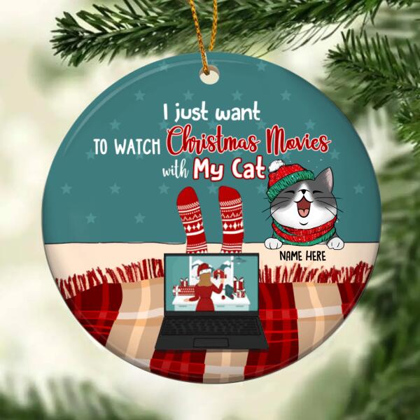 To Watch Xmas Movies With My Cats Green Circle Ceramic Ornament - Personalized Cat Lovers Decorative Christmas Ornament