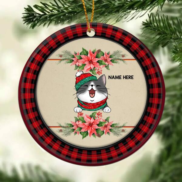 Cats On Pale Wooden Red Plaid Around Circle Ceramic Ornament - Personalized Cat Lovers Decorative Christmas Ornament