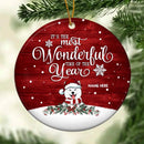 Most Wonderful Time Burgundy Wooden Circle Ceramic Ornament - Personalized Dog Lovers Decorative Christmas Ornament