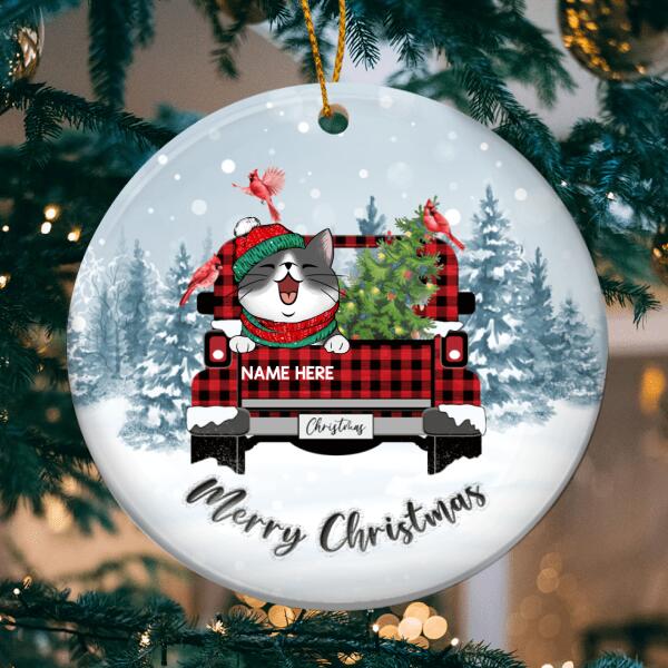 Merry Christmas Red Plaid Truck Blue Circle Ceramic Ornament - Personalized Cat Lovers Decorative Christmas Ornament