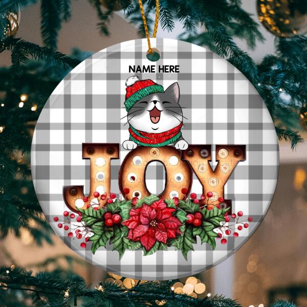 Personalised Joy Gray Plaid Background Circle Ceramic Ornament - Personalized Cat Lovers Decorative Christmas Ornament