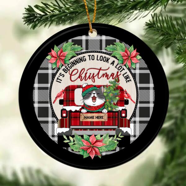 Beginning To Look A Lot Like Xmas Red Plaid Truck Circle Ceramic Ornament - Personalized Cat Lovers Christmas Ornament