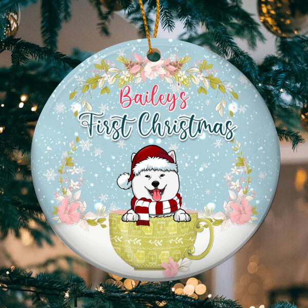 First Christmas Dog In Cup Floral Circle Ceramic Ornament - Personalized Dog Lovers Decorative Christmas Ornament