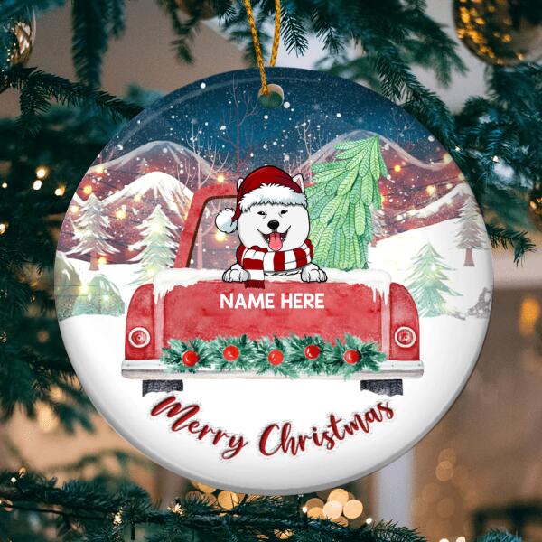 Personalised Merry Xmas Red Truck Circle Ceramic Ornament - Personalized Dog Lovers Decorative Christmas Ornament