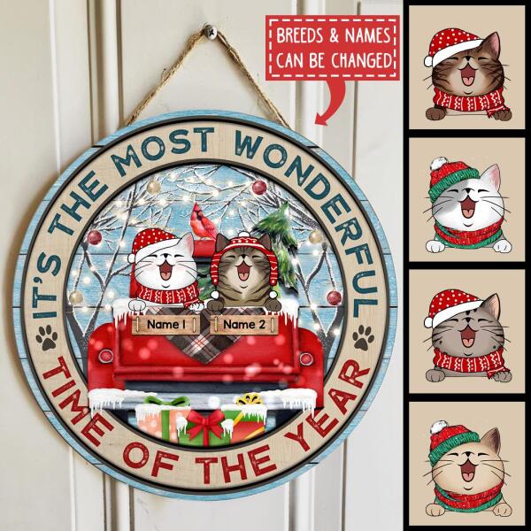 Christmas Door Decorations, Gifts For Cat Lovers, It's Most Wonderful Time Of The Year, Red Truck Letters Around Welcome Door Signs , Cat Mom Gifts