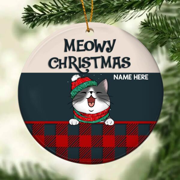 Personalised Meowy Christmas Red Plaid Circle Ceramic Ornament - Personalized Cat Lovers Decorative Christmas Ornament