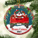 Meowy Catmas Red Truck Starry Night Circle Ceramic Ornament - Personalized Cat Lovers Decorative Christmas Ornament