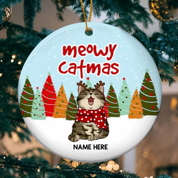 Personalised Meowy Catmas Blue Sky Circle Ceramic Ornament - Personalized Cat Lovers Decorative Christmas Ornament