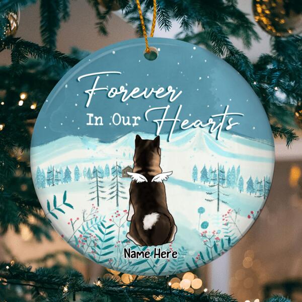 Forever In Our Heart Bluetone Circle Ceramic Ornament - Personalized Angel Dog Lovers Decorative Christmas Ornament