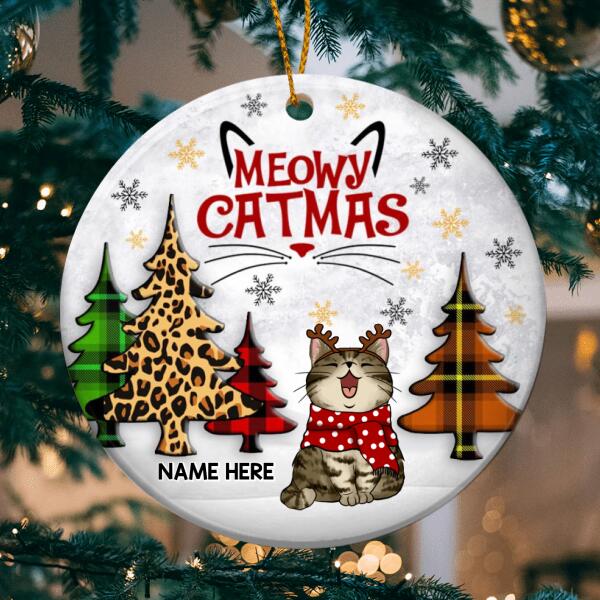 Meowy Christmas Plaid & Leopard Tree Circle Ceramic Ornament - Personalized Cat Lovers Decorative Christmas Ornament