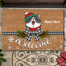 Christmas Personalized Doormat, Gifts For Cat Lovers, Welcome Black & White Plaid Bow Holiday Doormat
