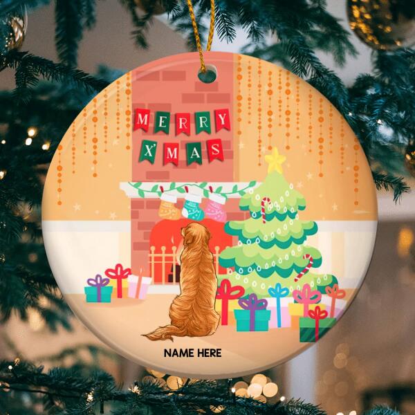 Personalised Merry Xmas Dog Back Orange Circle Ceramic Ornament - Personalized Dog Lovers Decorative Christmas Ornament