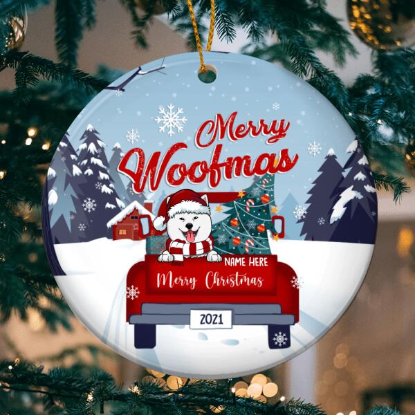 Merry Woofmas Red Truck Blue Tones Circle Ceramic Ornament - Personalized Dog Lovers Decorative Christmas Ornament