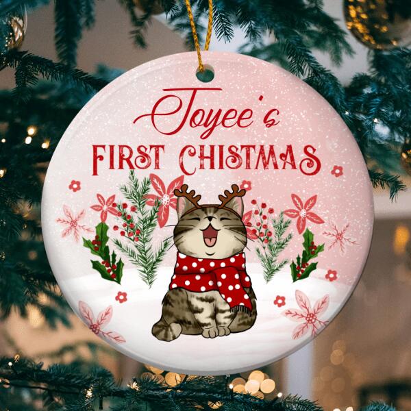 Personalised First Christmas Pink Circle Ceramic Ornament - Personalized Cat Lovers Decorative Christmas Ornament