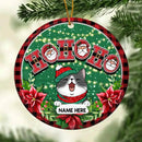 Ho Ho Ho Red Plaid Around Green Circle Ceramic Ornament - Personalized Cat Lovers Decorative Christmas Ornament
