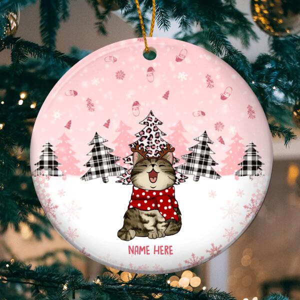 Personalised Xmas Cat Pinktone Circle Ceramic Ornament - Personalized Cat Lovers Decorative Christmas Ornament