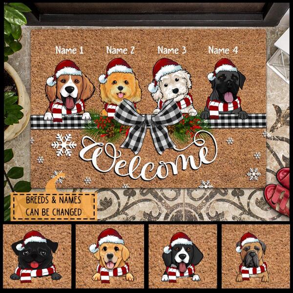 Christmas Personalized Doormat, Gifts For Dog Lovers, Welcome Black & White Plaid Bow Holiday Doormat