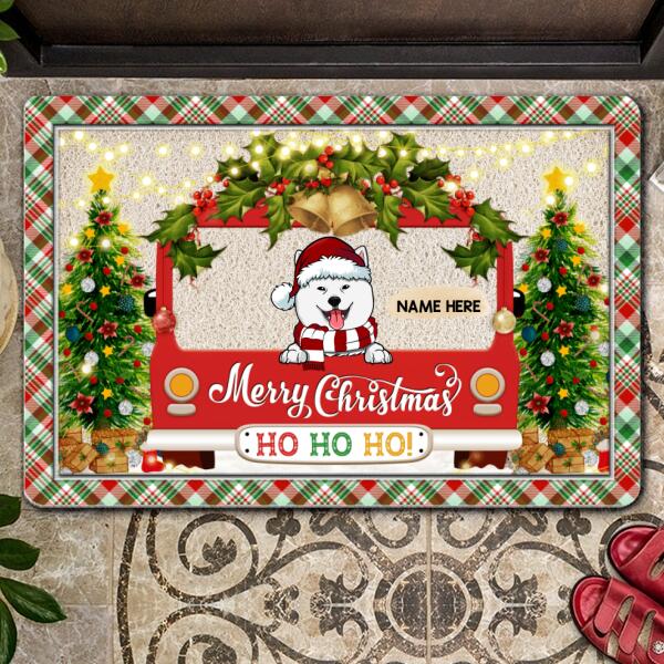 Christmas Personalized Doormat, Gifts For Dog Lovers, Merry Christmas Ho Ho Ho Red Green Plaid Holiday Doormat