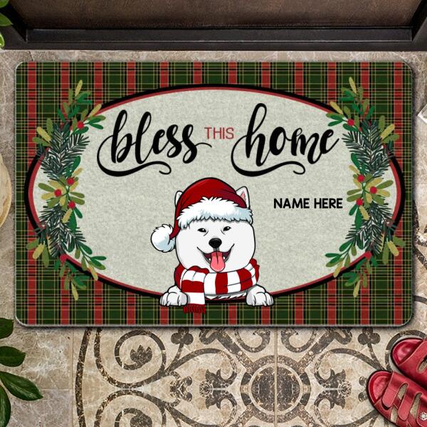 Christmas Personalized Doormat, Gifts For Dog Lovers, Bless This Home Green Red Plaid Holiday Doormat