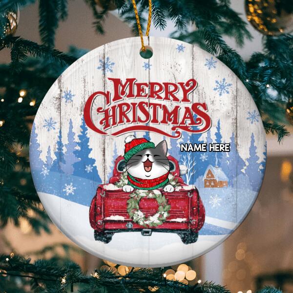 Merry Christmas Blue Tree Red Truck Circle Ceramic Ornament - Personalized Cat Lovers Decorative Christmas Ornament