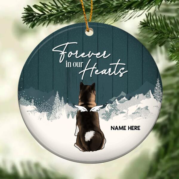Forever In Our Heart Dark Green Wooden Circle Ceramic Ornament - Personalized Angel Dog Decorative Christmas Ornament