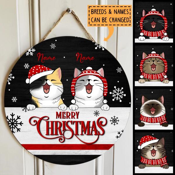 Christmas Door Decorations, Gifts For Cat Lovers, Merry Christmas Black & White Background Custom Door Signs , Cat Mom Gifts