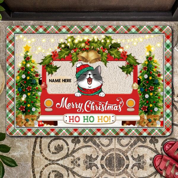 Christmas Personalized Doormat, Gifts For Cat Lovers, Merry Christmas Ho Ho Ho Red Green Plaid Holiday Doormat