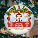 Merry Christmas Ho Ho Ho Red Truck Circle Ceramic Ornament - Personalized Dog Lovers Decorative Christmas Ornament