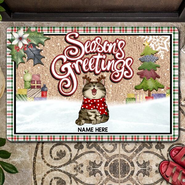 Christmas Personalized Doormat, Gifts For Cat Lovers, Season's Greetings Green Red Plaid Holiday Doormat