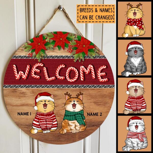 Christmas Door Decorations, Gifts For Cat Lovers, Xmas Candy Cane Letters Welcome Door Signs , Cat Mom Gifts
