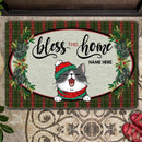 Christmas Personalized Doormat, Gifts For Cat Lovers, Bless This Home Green Red Plaid Holiday Doormat